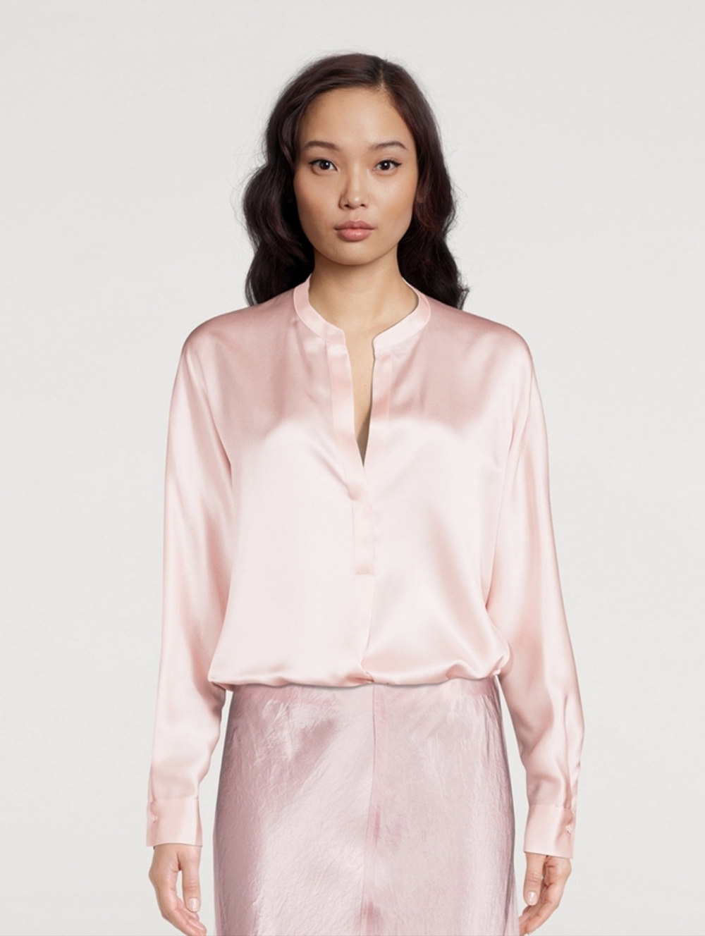 Vince Silk Blouse M Light Pink Roselle Band Collar Dolman Sleeve Luxury